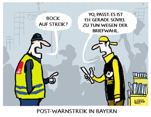 Cartoon: Warnstreik bei Post und DHL (medium) by markus-grolik tagged post,dhl,verdi,briefwahl,wahlunterlagen,bayern,auslieferung,versand,inflation,lohn,post,dhl,verdi,briefwahl,wahlunterlagen,bayern,auslieferung,versand,inflation,lohn