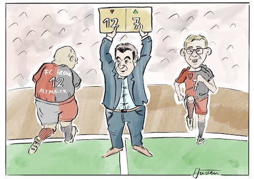 Cartoon: FC Groko (medium) by Justen tagged söder,altmaier,amthor,groko,csu,cdu,spd,innenpolitik,verjüngung,söder,altmaier,amthor,groko,csu,cdu,spd,innenpolitik,verjüngung