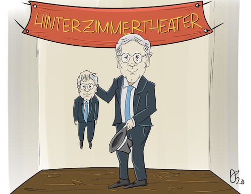 Cartoon: Hinterzimmertheater (medium) by Justen tagged norbert,röttgen,cdu,parteivorsitz,kanzlerkandidatur,hinterzimmer,norbert,röttgen,cdu,parteivorsitz,kanzlerkandidatur,hinterzimmer