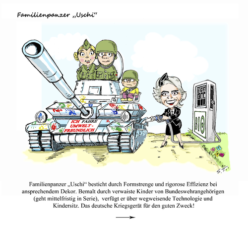 Cartoon: Familienpanzer Uschi (medium) by Simpleton tagged rüstungsexporte,waffen,rüstung,familienfreundlich,kinderfreundlich,bundeswehr,verteidigungsministerin,leyen,der,von