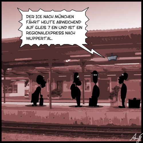 Cartoon: Bahn... (medium) by Anjo tagged bahn,verspätung,abweichend,gleis,ice,regionalexpress,pünktlich,bundesbahn,eisenbahn,zug,wuppertal,bahn,verspätung,abweichend,gleis,ice,regionalexpress,pünktlich,bundesbahn,eisenbahn,zug,wuppertal