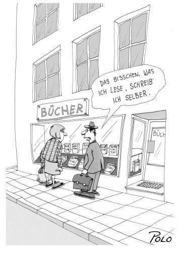 Cartoon: Autorengespräch (medium) by POLO tagged buch,book,books,bücher,lesen,reading,selber,machen,selfmade,buch,bücher,literatur,buchmesse,lesen,autor,schriftsteller,bildung,wissen