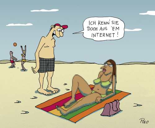 Cartoon: Internetbekanntschaft (medium) by POLO tagged strand,internet,anmache,mann,frau,beziehung,sommer,meer,strand,internet,anmache,mann,frau,beziehung,sommer,meer