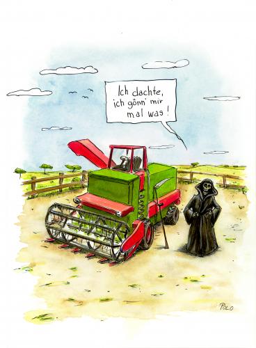 Cartoon: Mähdreschertod (medium) by POLO tagged tod,mähdrescher,mähdrescher,tod,gevatter,schnitter,sensenmann,sense,fahrzeug,landwirtschaft,bauer,sterben,land,gönnen,leisten,belohnung,fortschritt,entwicklung,technik,maschine,kaufen,besitz,anschaffung,instrument,mordinstrument,waffe,effektivität,effektiv