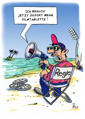 Cartoon: Regie (medium) by POLO tagged film,regie,filmtablette,dreharbeiten,film,regie,filmtablette,gesundheit,dreharbeiten,drehen,filmen,strand,meer,sonne,sommer,regisseur,megafon,lautsprecher,tabletten,drogerie,pillen,material,künstler,medikament,abhängigkeit,sucht,süchtig,medikamentenabhängigkeit,droge,unabhängigkeit,druck,stress,überfordert,wortspiel