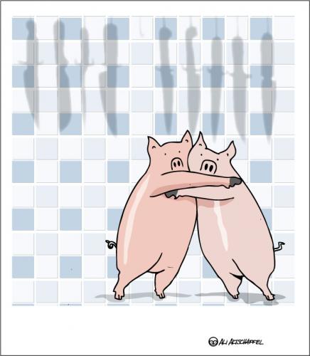 Cartoon: FEAR (medium) by ali tagged schweine,pigs,schlachter,butcher,panik,angst,fear,schwein,schlachter,panik,angst,tier,sau,schlachten,metzger,schlachterei,tod,schicksal,fleisch,nahrung,lebensmittel,ernährung,essen,töten,mord,todesangst,schlachtbank,tierschutz,fleischfresser,moral,ethik