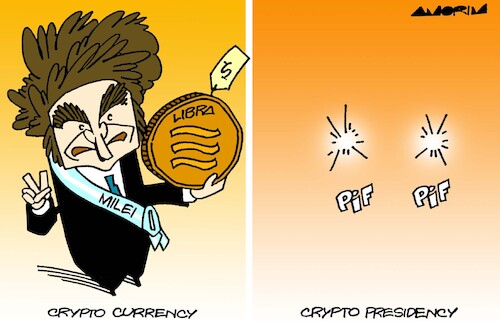 Cartoon: Crypto currency (medium) by Amorim tagged crypto,currency,javier,milei,argentina,crypto,currency,javier,milei,argentina