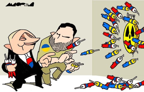 Cartoon: Darts (medium) by Amorim tagged putin,zelensky,nuclear,power,plants,putin,zelensky,nuclear,power,plants