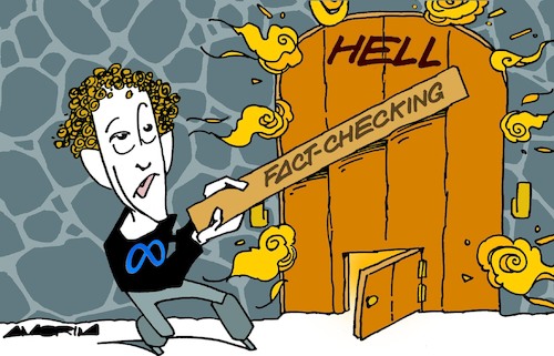 Cartoon: Hell doors (medium) by Amorim tagged fact,checking,mark,zuckerberg,meta,elon,musk,donald,trump,fact,checking,mark,zuckerberg,meta,elon,musk,donald,trump