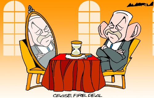 Cartoon: Mirror talks (medium) by Amorim tagged netanyahu,cease,fire,deal,gaza,netanyahu,cease,fire,deal,gaza