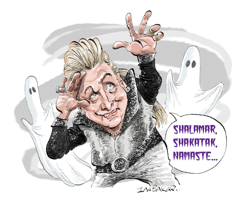 Cartoon: Clinton Baptiste Alex Lowe (medium) by Ian Baker tagged clinton,baptiste,phoenix,nights,sitcom,bbc,peter,kay,alex,lowe,comedy,psychic,paranormal,medium,spoof,parody,ghosts,namaste,spirits,ian,baker,cartoon,caricature,illustration,barry,from,watford