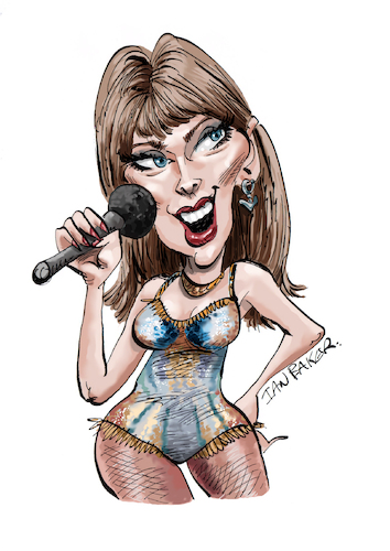 Cartoon: Taylor Swift (medium) by Ian Baker tagged taylor,swift,american,usa,singer,music,stage,love,story,wildest,dreams,cruel,summer,ian,baker,cartoon,caricature,parody,spoof,satire,illustration,costume