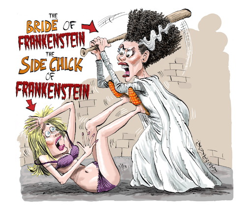 Cartoon: The Bride of Frankenstein (medium) by Ian Baker tagged 1935,mary,shelley,boris,karloff,monster,bride,wedding,the,of,frankenstein,elsa,lanchester,side,chick,fight,ian,baker,cartoon,caricature,parody,spoof,satire,film,movie,1930s,james,whale,cheating,horror