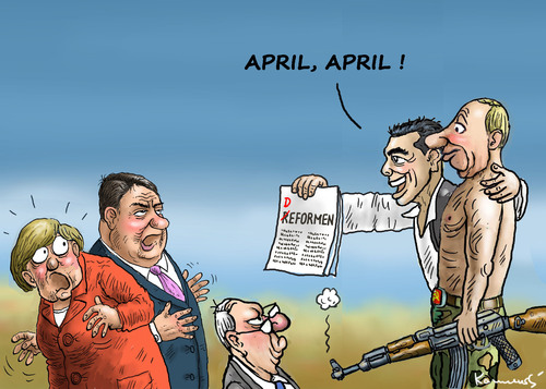 Cartoon: APRIL APRIL (medium) by marian kamensky tagged alexis,tsipras,griechenland,rettungsschirm,eu,griechowestern,april,alexis,tsipras,griechenland,rettungsschirm,eu,griechowestern