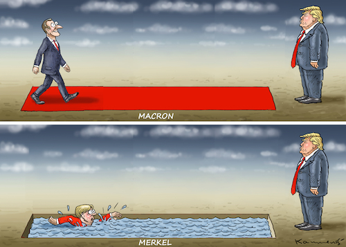 Cartoon: AUCH MERKEL BESUCHT TRUMP (medium) by marian kamensky tagged merkel,macron,reformen,eu,frankreich,trump,iran,atomdeal,rohani,merkel,macron,reformen,eu,frankreich,trump,iran,atomdeal,rohani