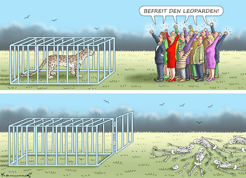 Cartoon: BEFREIT DEN LEOPARDEN! (medium) by marian kamensky tagged flucht,aus,cherson,putin,energieterror,weihnachtsgenozid,in,der,ukraine,abrams,leopard,flucht,aus,cherson,putin,energieterror,weihnachtsgenozid,in,der,ukraine,abrams,leopard