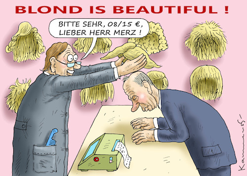 Cartoon: BLONDER OUTFIT FÜR MERZ (medium) by marian kamensky tagged merkel,seehofer,unionskrise,csu,cdu,flüchtlinge,gauland,merz,afd,akk,spahn,pegida,hutbürger,höcke,führer,wahlen,thüringen,kemmerich,merkel,seehofer,unionskrise,csu,cdu,flüchtlinge,gauland,merz,afd,akk,spahn,pegida,hutbürger,höcke,führer,wahlen,thüringen,kemmerich