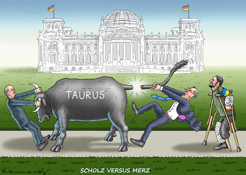 Cartoon: BUNDESTAGDUELL FRITZ VS OLAF (medium) by marian kamensky tagged bundeswehr,super,gau,taurus,putin,ukraine,krieg,bundestagduell,fritz,vs,olaf,bundeswehr,super,gau,taurus,putin,ukraine,krieg,bundestagduell,fritz,vs,olaf