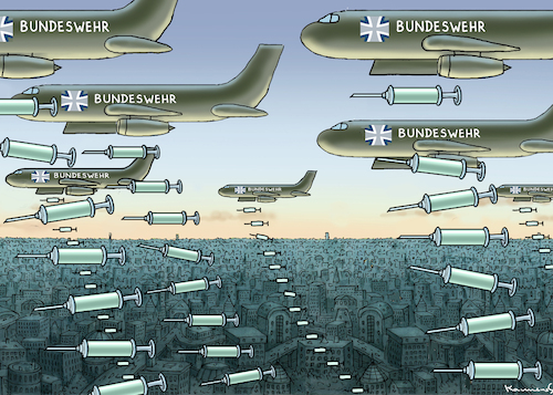 Cartoon: BUNDESWEHR ÜBERNIMMT DEN KAMPF (medium) by marian kamensky tagged curevac,testzentren,corona,impfung,pandemie,booster,omikron,impfpflicht,curevac,testzentren,corona,impfung,pandemie,booster,omikron,impfpflicht