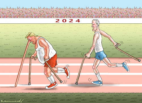 Cartoon: DAS GROSSE RENNEN (medium) by marian kamensky tagged tylor,swift,hilft,biden,trump,wahlen,usa,tylor,swift,hilft,biden,trump,wahlen,usa