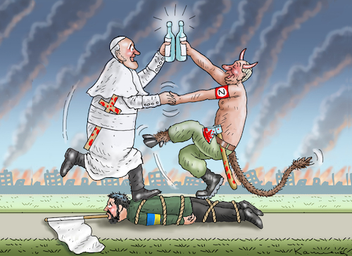 Cartoon: FRIEDENSSTIFTER PAPST (medium) by marian kamensky tagged friedensstifter,papst,weise,fahne,ukraine,selensky,friedensstifter,papst,weise,fahne,ukraine,selensky