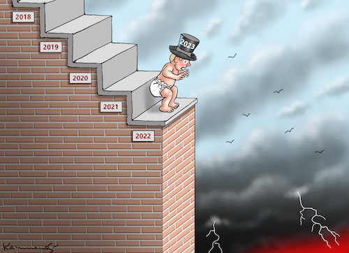 Cartoon: GROSSER SPRUNG 2023 (medium) by marian kamensky tagged flucht,aus,cherson,putin,energieterror,ukraine,flucht,aus,cherson,putin,energieterror,ukraine