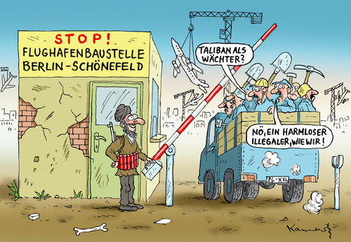 Cartoon: Harmloser Taliban (medium) by marian kamensky tagged flughafen,schönefeld,berlin,illegale,arbeiter,taliban,islamisten,flughafen,schönefeld,berlin,arbeiter,taliban,islamisten