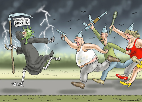 Cartoon: IGNORANTEN STÜRMEN BERLIN (medium) by marian kamensky tagged coronavirus,epidemie,gesundheit,panik,stillegung,george,floyd,twittertrump,pandemie,coronavirus,epidemie,gesundheit,panik,stillegung,george,floyd,twittertrump,pandemie