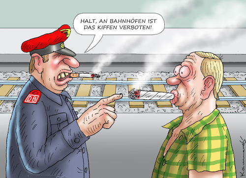 Cartoon: KIFFERVERBOT AN BAHNHÖFEN (medium) by marian kamensky tagged kifferverbot,an,bahnhöfen,kifferverbot,an,bahnhöfen