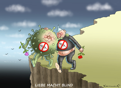 Cartoon: LIEBE MACHT BLIND (medium) by marian kamensky tagged curevac,testzentren,corona,impfung,pandemie,booster,omikron,impfpflicht,curevac,testzentren,corona,impfung,pandemie,booster,omikron,impfpflicht