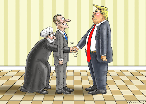 Cartoon: MACRON BESUCHT HEUTE TRUMP (medium) by marian kamensky tagged merkel,macron,reformen,eu,frankreich,trump,iran,atomdeal,rohani,merkel,macron,reformen,eu,frankreich,trump,iran,atomdeal,rohani