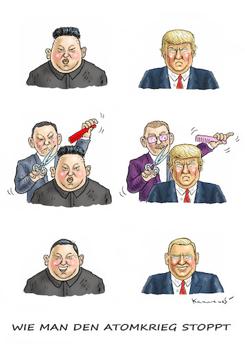 Cartoon: MIT FRISUREN FRIEDEN SCHAFFEN (medium) by marian kamensky tagged obama,trump,präsidentenwahlen,usa,baba,vanga,republikaner,inauguration,demokraten,kim,jong,un,nord,korea,wikileaks,faschismus,obama,trump,präsidentenwahlen,usa,baba,vanga,republikaner,inauguration,demokraten,kim,jong,un,nord,korea,wikileaks,faschismus