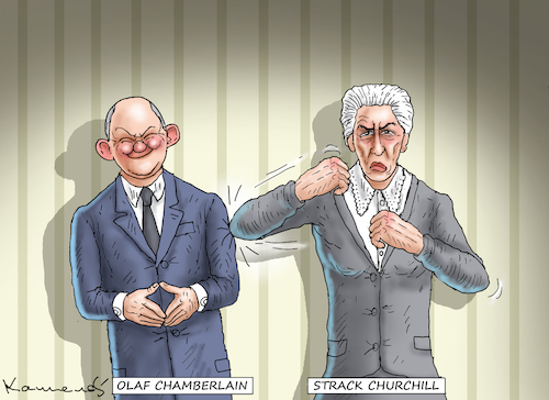 Cartoon: OLAF CHAMBERLAIN UND STRACK CHUR (medium) by marian kamensky tagged olaf,chamberlain,und,strack,churchill,olaf,chamberlain,und,strack,churchill