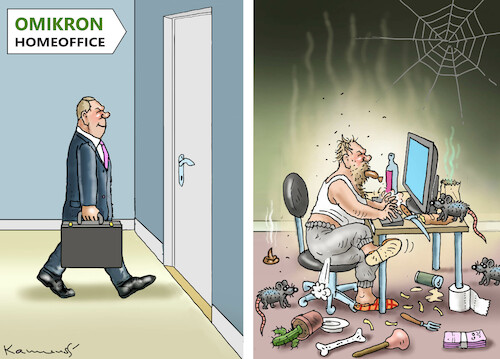 Cartoon: OMIKRON HOMEOFFICE (medium) by marian kamensky tagged curevac,testzentren,corona,impfung,omikron,homeoffice,pandemie,booster,impfpflicht,curevac,testzentren,corona,impfung,omikron,homeoffice,pandemie,booster,impfpflicht