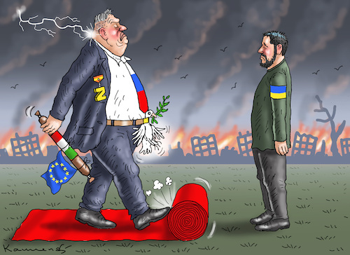 Cartoon: ORBANS UKRAINE-FRIEDENSREISE (medium) by marian kamensky tagged orbans,ukraine,friedensreise,orbans,ukraine,friedensreise