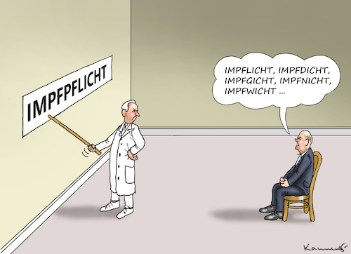 Cartoon: SCHOLZ IM SPRACHLABOR (medium) by marian kamensky tagged curevac,testzentren,corona,impfung,pandemie,booster,omikron,impfpflicht,curevac,testzentren,corona,impfung,pandemie,booster,omikron,impfpflicht