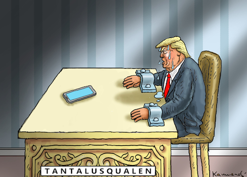 Cartoon: TANTALUS TRUMP (medium) by marian kamensky tagged us,wahlen,joe,biden,trump,corona,kapitol,putsch,bob,woodward,harris,pence,us,wahlen,joe,biden,trump,corona,kapitol,putsch,bob,woodward,harris,pence