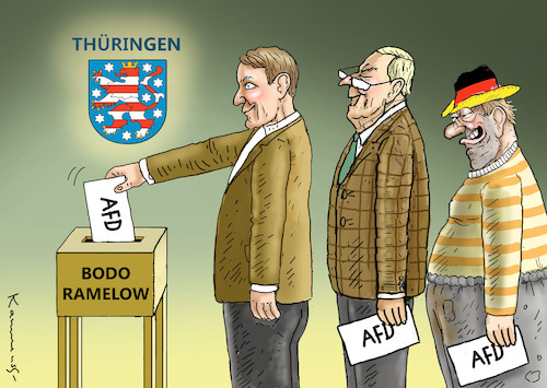 Cartoon: THÜRINGER WAHLKRIMI GEHT WEITER (medium) by marian kamensky tagged merkel,seehofer,unionskrise,csu,cdu,flüchtlinge,gauland,merz,afd,akk,spahn,pegida,hutbürger,höcke,führer,wahlen,thüringen,kemmerich,bodo,ramelow,merkel,seehofer,unionskrise,csu,cdu,flüchtlinge,gauland,merz,afd,akk,spahn,pegida,hutbürger,höcke,führer,wahlen,thüringen,kemmerich,bodo,ramelow