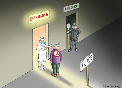 Cartoon: TRIAGE (medium) by marian kamensky tagged curevac,testzentren,corona,impfung,pandemie,booster,triage,omikron,impfpflicht,curevac,testzentren,corona,impfung,pandemie,booster,triage,omikron,impfpflicht