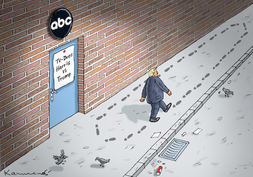 Cartoon: TRUMP HAT ANGST VOR HARRIS (medium) by marian kamensky tagged tv,duell,harris,vs,trump,abc,tv,duell,harris,vs,trump,abc