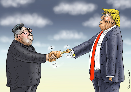 Cartoon: TRUMP TRIFFT KIM (medium) by marian kamensky tagged obama,trump,präsidentenwahlen,usa,baba,vanga,republikaner,inauguration,demokraten,putin,kim,jong,un,asienreise,wikileaks,faschismus,obama,trump,präsidentenwahlen,usa,baba,vanga,republikaner,inauguration,demokraten,putin,kim,jong,un,asienreise,wikileaks,faschismus