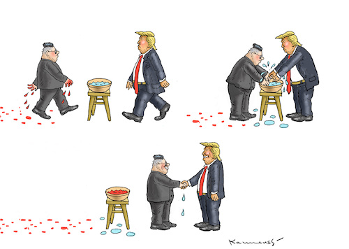 Cartoon: TRUMP WÄSCHT KIMS HÄNDE (medium) by marian kamensky tagged obama,trump,präsidentenwahlen,usa,baba,vanga,republikaner,inauguration,demokraten,kim,jong,un,wikileaks,faschismus,singarur,obama,trump,präsidentenwahlen,usa,baba,vanga,republikaner,inauguration,demokraten,kim,jong,un,wikileaks,faschismus,singarur