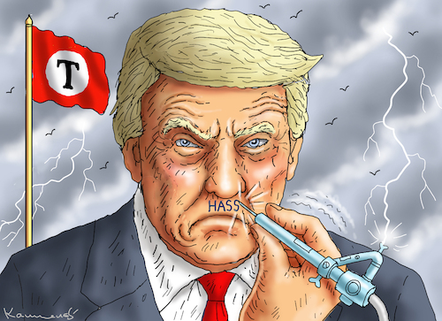 Cartoon: TRUMPS SELBSTTATOO AM 20.1.2025 (medium) by marian kamensky tagged musk,trump,zuckerberg,bezos,felon,and,elon,in,panama,inauguratin,musk,trump,zuckerberg,bezos,felon,and,elon,in,panama,inauguratin