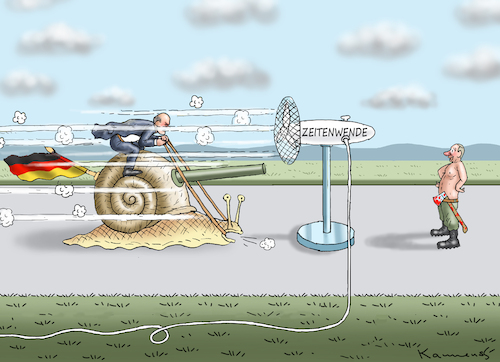 Cartoon: ÜBERSCHALLZEITENWENDE (medium) by marian kamensky tagged überschallzeitenwende,scholz,putin,leopard,überschallzeitenwende,scholz,putin,leopard