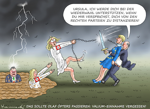 Cartoon: VERGESSLICHKEIT MAL POSITIV (medium) by marian kamensky tagged buhlen,um,postfaschistin,meloni,le,pen,von,der,leyen,duce,mussolini,scholz,buhlen,um,postfaschistin,meloni,le,pen,von,der,leyen,duce,mussolini,scholz