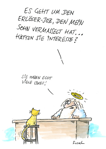 Cartoon: Sie haben den Job! (medium) by fussel tagged erlöser,erlösung,jesus,gott,job,katze,menschen,likes,facebook,media,social,messias,erlöser,erlösung,jesus,gott,job,katze,menschen,likes,facebook,media,social,messias