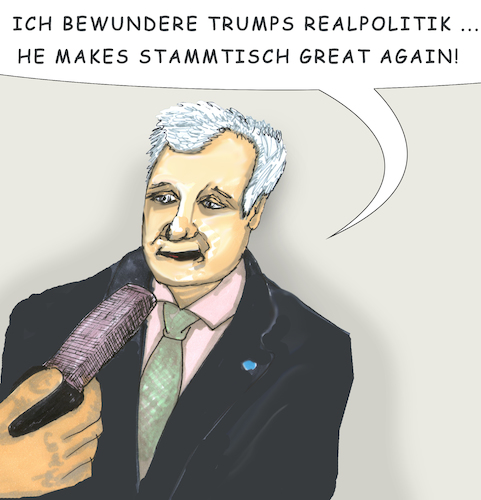 Cartoon: Respekt (medium) by SoRei tagged horst,seehofer,csu,cdu,donald,trump,präsident,usa,amerika,let,make,america,great,again,first,realpolitik,bewunderung,konsequenz,umsetzung,schnell,effizient,solidarität,respekt,demokratie,arbeitskreis,interview,spiegel,statement,politik,politiker,bayerischer,ministerpräsident,partei,parteivorsitzender,union,schwesterpartei,söder,horst,seehofer,csu,cdu,donald,trump,präsident,usa,amerika,let,make,america,great,again,first,realpolitik,bewunderung,konsequenz,umsetzung,schnell,effizient,solidarität,respekt,demokratie,arbeitskreis,interview,spiegel,statement,politik,politiker,bayerischer,ministerpräsident,partei,parteivorsitzender,union,schwesterpartei,söder