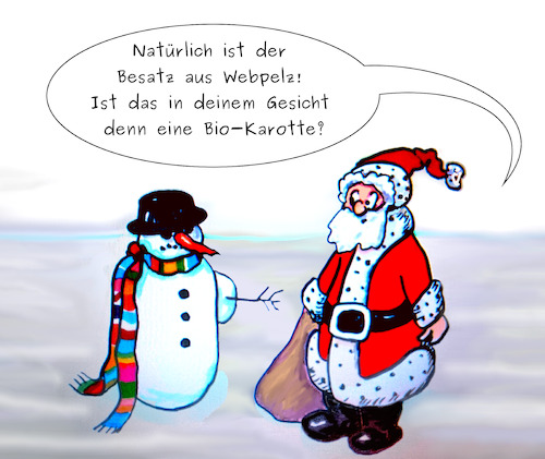 Cartoon: Weihnachten (medium) by SoRei tagged weihnachtsmann,schneemann,schnee,mantel,besatz,webpelz,pelz,tierschutz,bio,karotte,möhre,skepsis,vorhaltungen,kritik,weihnachtsmann,schneemann,schnee,mantel,besatz,webpelz,pelz,tierschutz,bio,karotte,möhre,skepsis,vorhaltungen,kritik