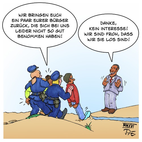 Cartoon: Abschiebung (medium) by Timo Essner tagged flüchtlinge,intensivstraftäter,straftäter,ausweisung,abschiebung,deutschland,eu,afrika,einwanderung,asyl,cartoon,timo,essner,flüchtlinge,intensivstraftäter,straftäter,ausweisung,abschiebung,deutschland,eu,afrika,einwanderung,asyl,cartoon,timo,essner