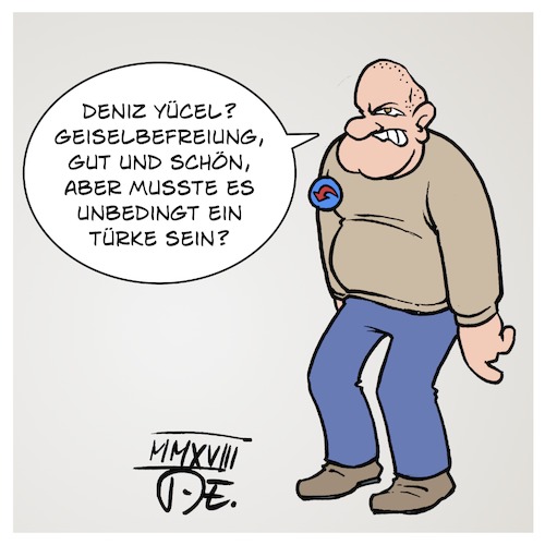 Cartoon: AfD vs Deniz Yücel (medium) by Timo Essner tagged deniz,yücel,afd,pegida,twitter,facebook,türkei,deutschland,werte,rechtsstaat,fremdenfeindlichkeit,geiselnahme,geiselhaft,befreiung,freilassung,journalismus,cartoon,timo,essner,deniz,yücel,afd,pegida,twitter,facebook,türkei,deutschland,werte,rechtsstaat,fremdenfeindlichkeit,geiselnahme,geiselhaft,befreiung,freilassung,journalismus,cartoon,timo,essner